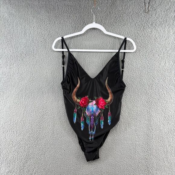Solkissed One Piece Swimsuit L Black Boho Western Bull Skull Festival Pool Beach - Picture 4 of 12